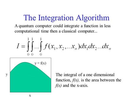 The Integration Algorithm A quantum computer could integrate a function in less computational time then a classical computer... The integral of a one dimensional.