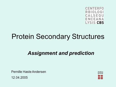 Protein Secondary Structures Assignment and prediction Pernille Haste Andersen 12.04.2005.