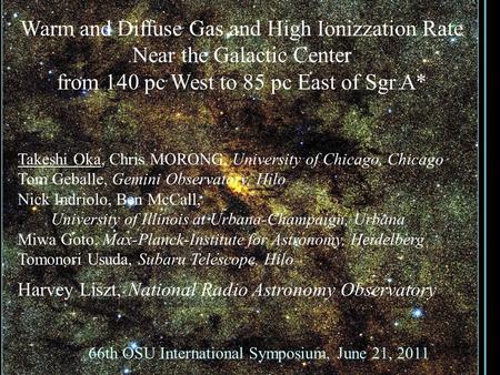 Warm and Diffuse Gas and High Ionizzation Rate Near the Galactic Center from 140 pc West to 85 pc East of Sgr A* 66th OSU International Symposium, June.