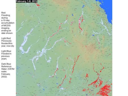 Red: Flooding, during a 10-day accumulation of MODIS imaging, ending on date shown. Light Red: Previously flooded this year, now dry. Light Blue: Flooded.