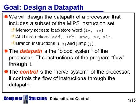 Computer Structure - Datapath and Control Goal: Design a Datapath  We will design the datapath of a processor that includes a subset of the MIPS instruction.