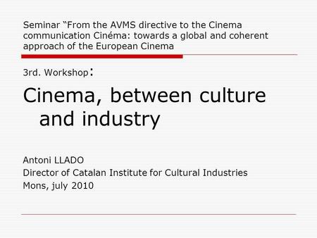 Seminar “From the AVMS directive to the Cinema communication Cinéma: towards a global and coherent approach of the European Cinema 3rd. Workshop : Cinema,