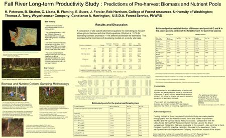 Fall River Long-term Productivity Study : Predictions of Pre-harvest Biomass and Nutrient Pools K. Petersen, B. Strahm, C. Licata, B. Flaming, E. Sucre,