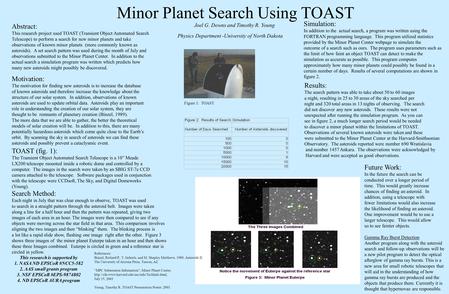 Minor Planet Search Using TOAST Abstract: This research project used TOAST (Transient Object Automated Search Telescope) to perform a search for new minor.