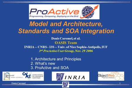 Denis Caromel1 Denis Caromel, et al. OASIS Team INRIA -- CNRS - I3S -- Univ. of Nice Sophia-Antipolis, IUF 3 rd ProActive User Group, Nov. 29 2006 Model.
