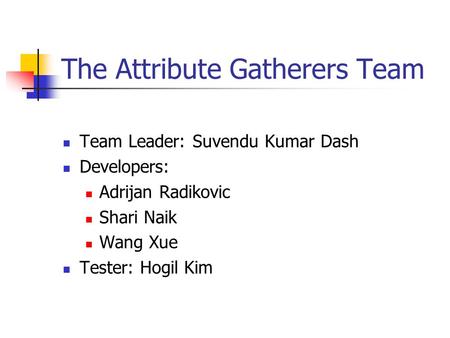The Attribute Gatherers Team Team Leader: Suvendu Kumar Dash Developers: Adrijan Radikovic Shari Naik Wang Xue Tester: Hogil Kim.