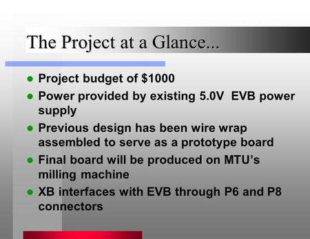The Project at a Glance... Project budget of $1000 Power provided by existing 5.0V EVB power supply Previous design has been wire wrap assembled to serve.