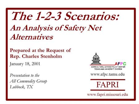 The 1-2-3 Scenarios: An Analysis of Safety Net Alternatives Prepared at the Request of Rep. Charles Stenholm January 18, 2001 Presentation to the All Commodity.