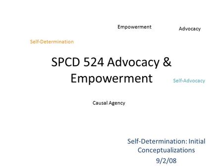SPCD 524 Advocacy & Empowerment Self-Determination: Initial Conceptualizations 9/2/08 Self-Determination Empowerment Self-Advocacy Advocacy Causal Agency.