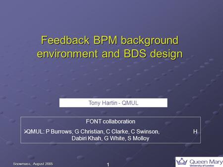 1 Snowmass, August 2005 Feedback BPM background environment and BDS design FONT collaboration  QMUL: P Burrows, G Christian, C Clarke, C Swinson, H Dabiri.