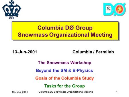 13 June, 2001 Columbia D0 Snowmass Organizational Meeting 1 Columbia DØ Group Snowmass Organizational Meeting 13-Jun-2001Columbia / Fermilab The Snowmass.