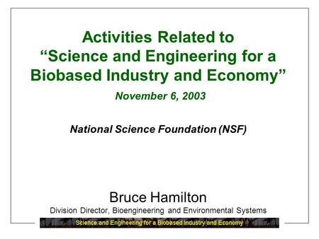 Activities Related to “Science and Engineering for a Biobased Industry and Economy” November 6, 2003 National Science Foundation (NSF) Bruce Hamilton Division.