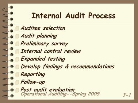 Operational Auditing--Spring 2005 3-1 Internal Audit Process 4 Auditee selection 4 Audit planning 4 Preliminary survey 4 Internal control review 4 Expanded.