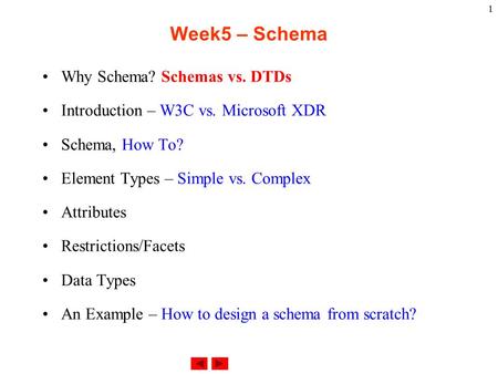 1 Week5 – Schema Why Schema? Schemas vs. DTDs Introduction – W3C vs. Microsoft XDR Schema, How To? Element Types – Simple vs. Complex Attributes Restrictions/Facets.