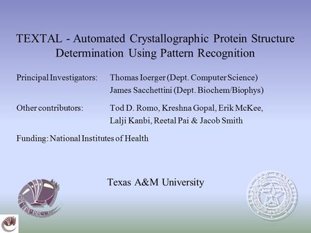 TEXTAL - Automated Crystallographic Protein Structure Determination Using Pattern Recognition Principal Investigators: Thomas Ioerger (Dept. Computer Science)