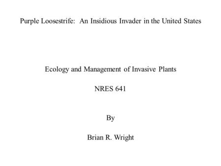 Purple Loosestrife: An Insidious Invader in the United States Ecology and Management of Invasive Plants NRES 641 By Brian R. Wright.