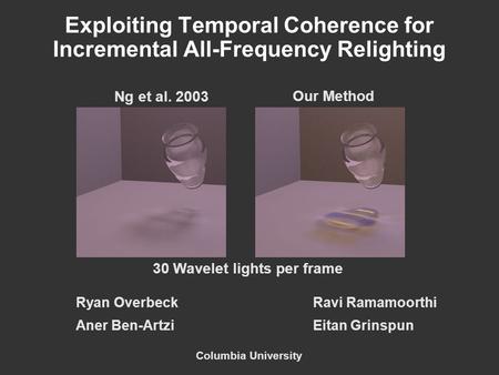 Exploiting Temporal Coherence for Incremental All-Frequency Relighting Ryan OverbeckRavi Ramamoorthi Aner Ben-ArtziEitan Grinspun Columbia University Ng.