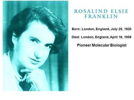 Born: London, England, July 25, 1920 Died: London, England, April 16, 1958 Pioneer Molecular Biologist.