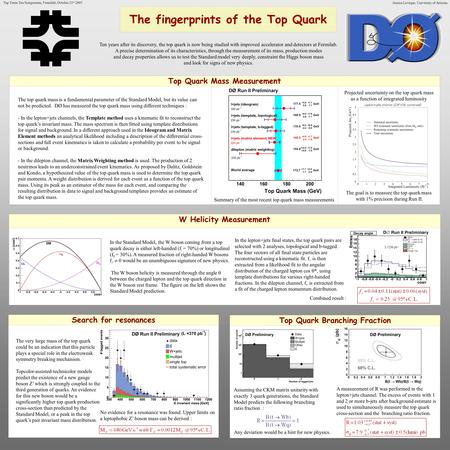 Search for resonances The fingerprints of the Top Quark Jessica Levêque, University of Arizona Top Quark Mass Measurement Top Turns Ten Symposium, Fermilab,