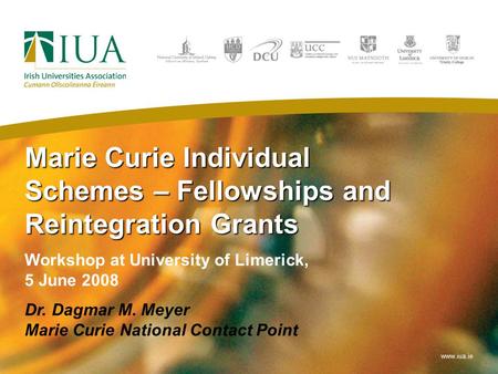 Marie Curie Individual Schemes – Fellowships and Reintegration Grants Workshop at University of Limerick, 5 June 2008 Dr. Dagmar M. Meyer Marie Curie National.