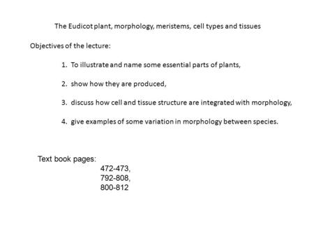 The Eudicot plant, morphology, meristems, cell types and tissues Objectives of the lecture: 1. To illustrate and name some essential parts of plants,