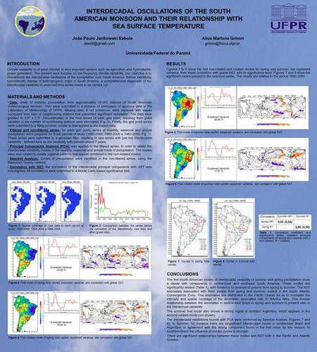 INTERDECADAL OSCILLATIONS OF THE SOUTH AMERICAN MONSOON AND THEIR RELATIONSHIP WITH SEA SURFACE TEMPERATURE João Paulo Jankowski Saboia Alice Marlene Grimm.