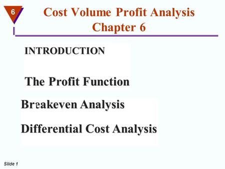 6 Slide 1 Cost Volume Profit Analysis Chapter 6 INTRODUCTION The Profit Function Breakeven Analysis Differential Cost Analysis.