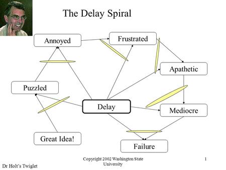 Dr Holt’s Twiglet Copyright 2002 Washington State University 1 Delay Great Idea! PuzzledAnnoyed Failure Apathetic Frustrated Mediocre The Delay Spiral.