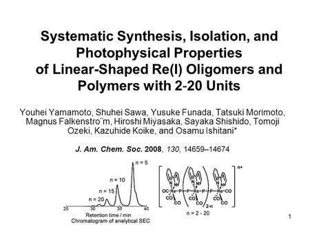 1 Systematic Synthesis, Isolation, and Photophysical Properties of Linear-Shaped Re(I) Oligomers and Polymers with 2-20 Units Youhei Yamamoto, Shuhei Sawa,