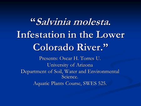 “Salvinia molesta. Infestation in the Lower Colorado River.” Presents: Oscar H. Torres U. University of Arizona Department of Soil, Water and Environmental.