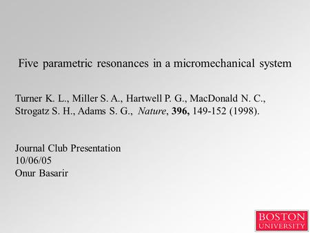 Five parametric resonances in a micromechanical system Turner K. L., Miller S. A., Hartwell P. G., MacDonald N. C., Strogatz S. H., Adams S. G., Nature,