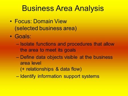 Business Area Analysis Focus: Domain View (selected business area) Goals: –Isolate functions and procedures that allow the area to meet its goals –Define.