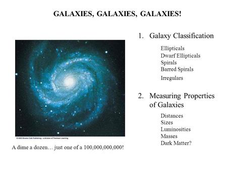 GALAXIES, GALAXIES, GALAXIES! A dime a dozen… just one of a 100,000,000,000! 1.Galaxy Classification Ellipticals Dwarf Ellipticals Spirals Barred Spirals.