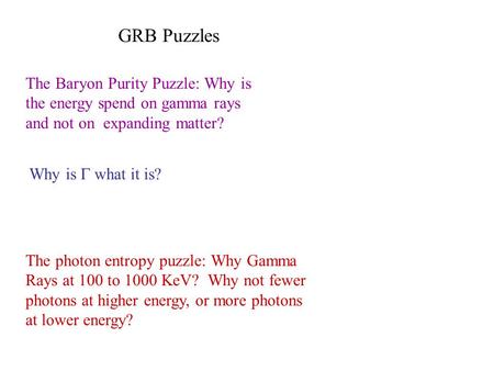 GRB Puzzles The Baryon Purity Puzzle: Why is the energy spend on gamma rays and not on expanding matter? The photon entropy puzzle: Why Gamma Rays at 100.