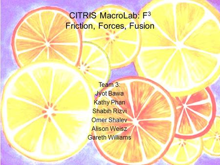 CITRIS MacroLab: F 3 Friction, Forces, Fusion Team 3: Jyot Bawa Kathy Phan Shabih Rizvi Omer Shalev Alison Weisz Gareth Williams.