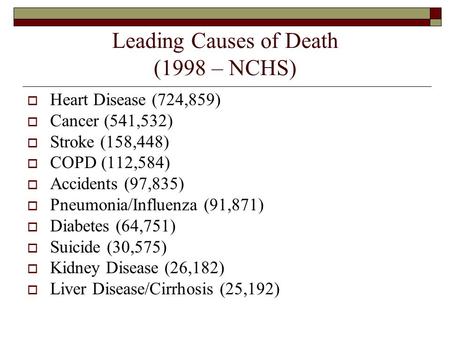 Leading Causes of Death (1998 – NCHS)  Heart Disease (724,859)  Cancer (541,532)  Stroke (158,448)  COPD (112,584)  Accidents (97,835)  Pneumonia/Influenza.