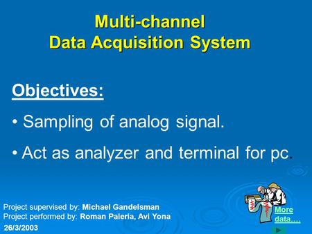 Objectives: Sampling of analog signal. Act as analyzer and terminal for pc. Project supervised by: Michael Gandelsman Project performed by: Roman Paleria,