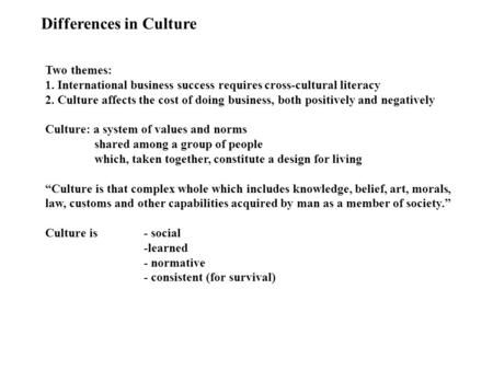 Differences in Culture Two themes: 1. International business success requires cross-cultural literacy 2. Culture affects the cost of doing business, both.