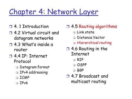 Chapter 4: Network Layer r 4. 1 Introduction r 4.2 Virtual circuit and datagram networks r 4.3 What’s inside a router r 4.4 IP: Internet Protocol m Datagram.