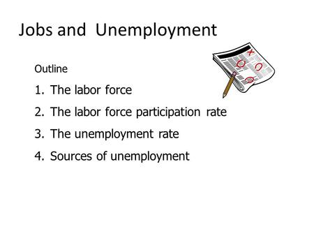 Jobs and Unemployment Outline 1.The labor force 2.The labor force participation rate 3.The unemployment rate 4.Sources of unemployment.