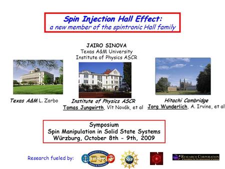 Spin Injection Hall Effect: a new member of the spintronic Hall family Symposium Spin Manipulation in Solid State Systems Würzburg, October 8th - 9th,