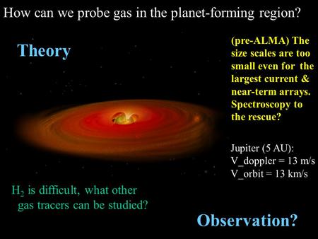 (pre-ALMA) The size scales are too small even for the largest current & near-term arrays. Spectroscopy to the rescue? How can we probe gas in the planet-forming.