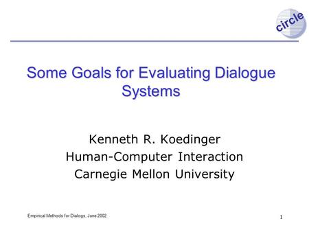 Circle Empirical Methods for Dialogs, June 2002 1 Some Goals for Evaluating Dialogue Systems Kenneth R. Koedinger Human-Computer Interaction Carnegie Mellon.