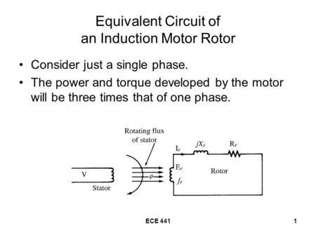 ECE 4411 Equivalent Circuit of an Induction Motor Rotor Consider just a single phase. The power and torque developed by the motor will be three times that.