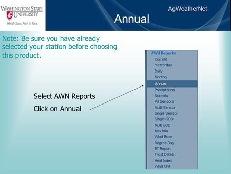 AgWeatherNet Annual Note: Be sure you have already selected your station before choosing this product. Select AWN Reports Click on Annual.