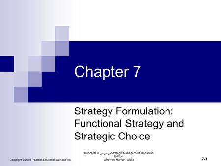 Copyright © 2005 Pearson Education Canada Inc. Concepts in ﴀﴀﴀ Strategic Management, Canadian Edition Wheelen, Hunger, Wicks 7-1 Chapter 7 Strategy Formulation: