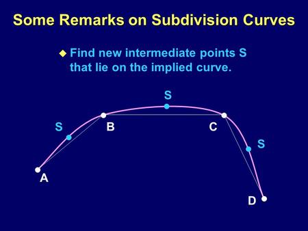 Some Remarks on Subdivision Curves A B D C S S S u Find new intermediate points S that lie on the implied curve.