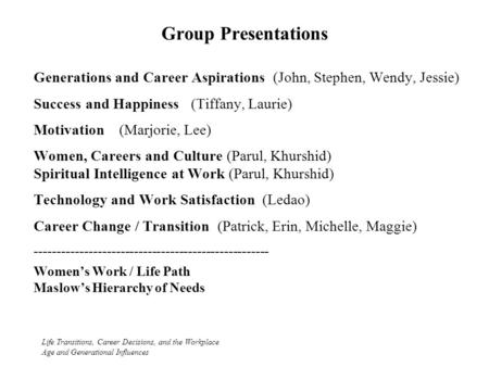 Group Presentations Life Transitions, Career Decisions, and the Workplace Age and Generational Influences Generations and Career Aspirations (John, Stephen,