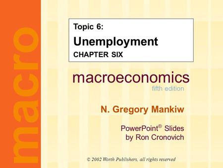 Macroeconomics fifth edition N. Gregory Mankiw PowerPoint ® Slides by Ron Cronovich macro © 2002 Worth Publishers, all rights reserved Topic 6: Unemployment.