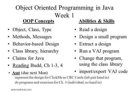 SOS OOP Fall 2001 Object Oriented Programming in Java Week 1 Read a design Design a small program Extract a design Run a VAJ program Change that program,